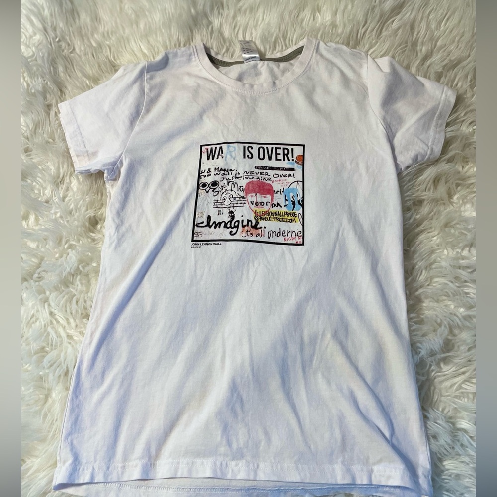 John Lennon Wall Prague War Is Over Women’s Short Sleeve White T-Shirt-Medium